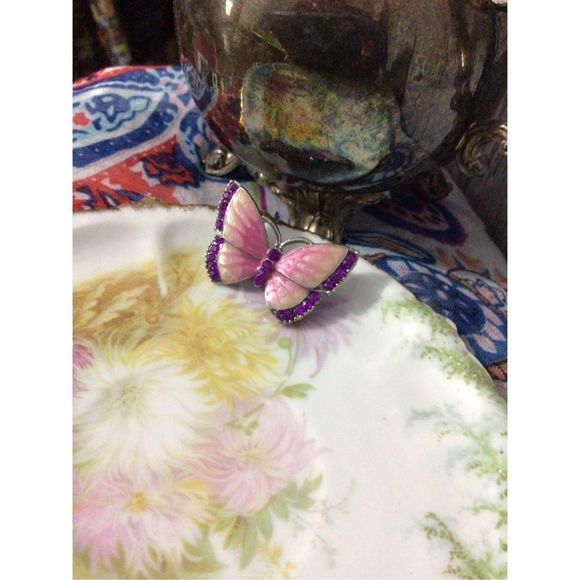 Vintage Enamel Butterfly Brooch Pin With Rhinestones Pink & Purple - Picture 12 of 12